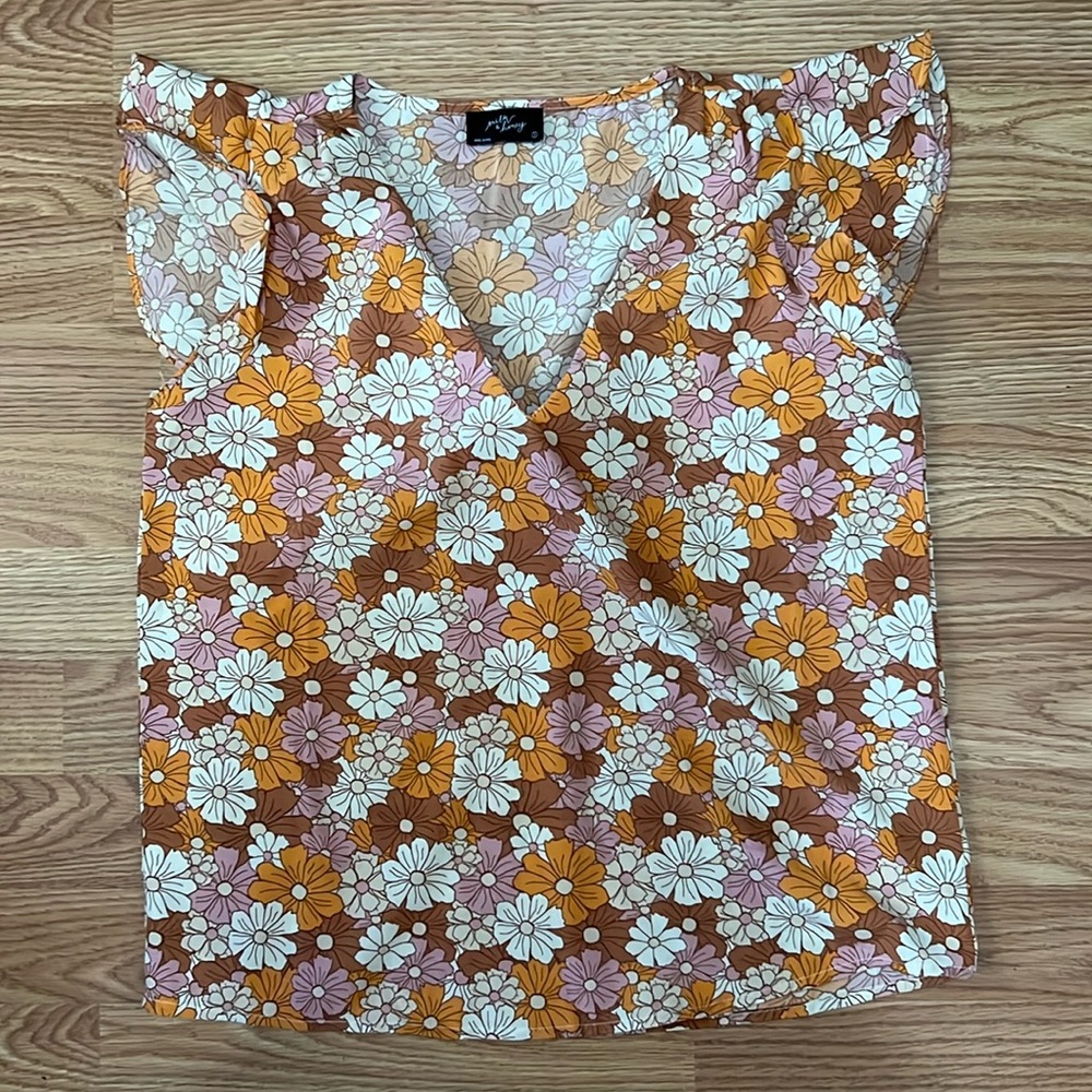 Floral V-Neck Blouse - Orange, White, Pink